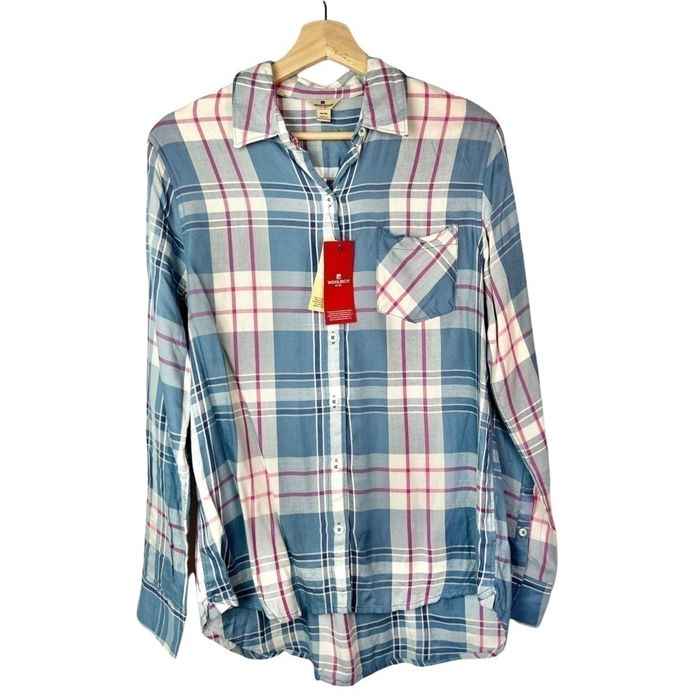 NEW Woolrich Desert Sunset Blue & Pink Plaid Button Down Long Sleeve M